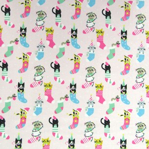 Merry Christmas Cat in Stockings Print on Poly Spandex Fabric (Light Pink) | (4 Way Stretch/Per Yard)