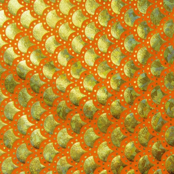 Gold & Orange Mermaid Fish Scale on Hologram Foil Spandex w/ Dots Fabric | (4 Way Stretch/Per Yard)