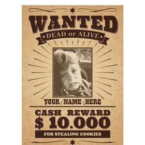 Cartaz de procurado personalizado, pronto em 1-2 dias, foto personalizada, nome e crime JPEG A4 ou tamanho carta