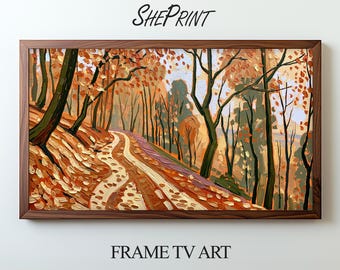 Autumn Frame TV Art, Modern Impasto Painting, Fall Forest Landscape, Cozy Contemporary Digital Artwork