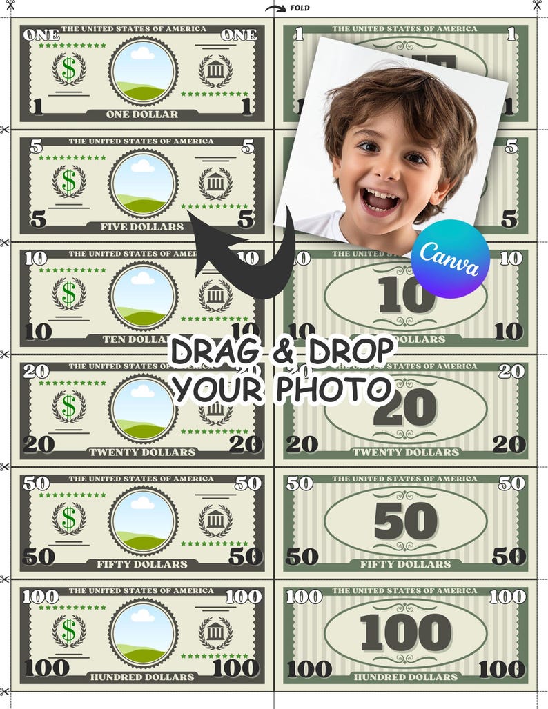 Editable Personalized Play Money Template for Kids Custom Dollar Bills