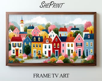 Colorful Summer Village Frame TV Art | Whimsical Cottage Town Landscape | Scandinavian Folk Art | Instant Download