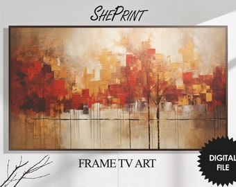 May include: Abstract painting with a cityscape theme featuring red, orange, and yellow colors. The painting has a textured look and is framed. The text "FRAME TV ART" is below the painting.