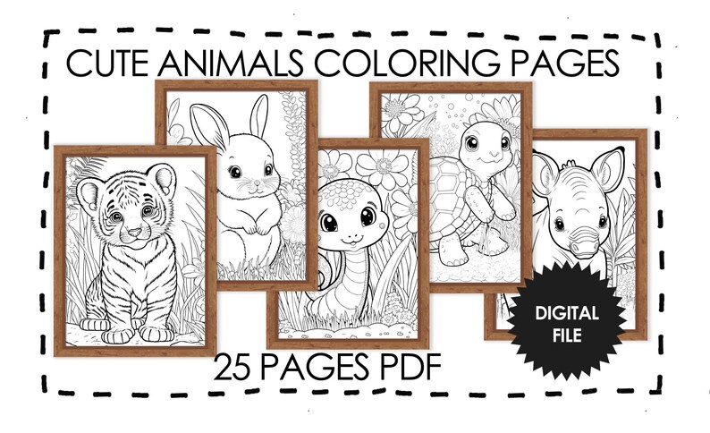 25 Cute Baby Animals Coloring Pages With Wooden Frame. Pages 11-15 preview.