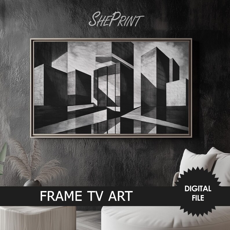 Samsung Frame TV Art, Abstract Town, Black and White TV Art, Instant