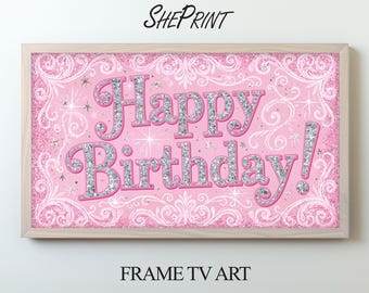 Pinkfarbener Glitzer-Bilderrahmen „Happy Birthday“ | Funkelnde Prinzessinnen-Partydeko (Digitaler Download)