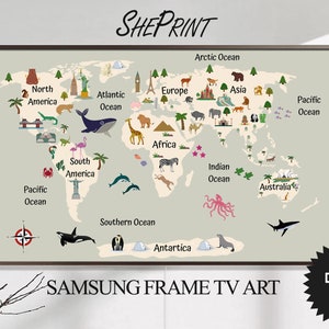 Samsung Rahmen TV Kunst Kinder | Tierwelt Karte | Bildende Kunst | Digitale TV Kunst | Bilderrahmen für Kinder | Sofort Download
