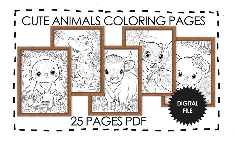 25 Cute Baby Animals Coloring Pages With Wooden Frame. Pages 6-10 preview.