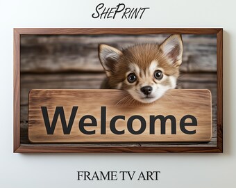 Arte para TV con marco Samsung, perro con letrero de bienvenida para alquileres que admiten mascotas, saludo para invitados o nuevos inquilinos, arte digital, descarga instantánea