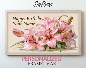 Personalisierter Lilien-Geburtstagsrahmen mit TV-Motiv | Elegante florale Partydekoration (Digitaler Download innerhalb von 24 Stunden)