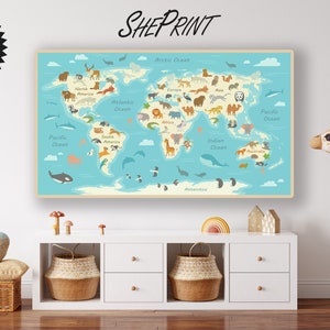 Bilderrahmen TV Art Für Kinder | Die Welt der Tiere | Edukative Kunst | Fauna Weltkarte Kinder | Digital TV Art | Sofort Download