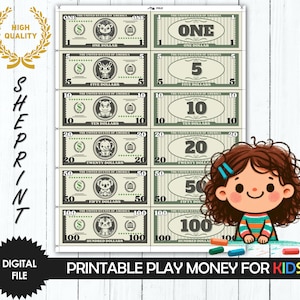 Dinero de juguete para niños, dinero simulado, billetes de dólar imprimibles para niños, dinero para el aula, de dos caras, de alta calidad, duradero, descarga instantánea, 1 PDF, tamaño carta/A4