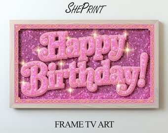 Lila-pinker Glitzer-Geburtstagsrahmen, TV-Kunst, Prinzessinnen-Partydeko, Digitaler Download