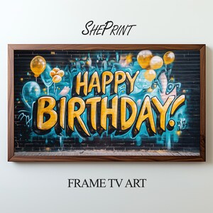 Samsung Frame TV Art | Happy Birthday Graffiti Style For Boys | Blue Yellow | Digital TV Art | Instant Download