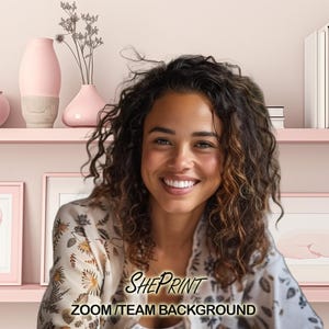 Mjukt rosa hyllor Zoom-bakgrund, elegant hemmakontor, digital nedladdning