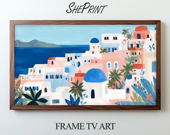 Santorini Coastal Frame TV Art | Mediterranean Pastel Wall Art for Samsung Frame TV | Greek Island Digital Download