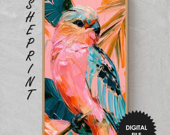 Pink Bird Frame TV Art, Modern Tropical Painting, Digital Artwork, Vertical TV Display Decor