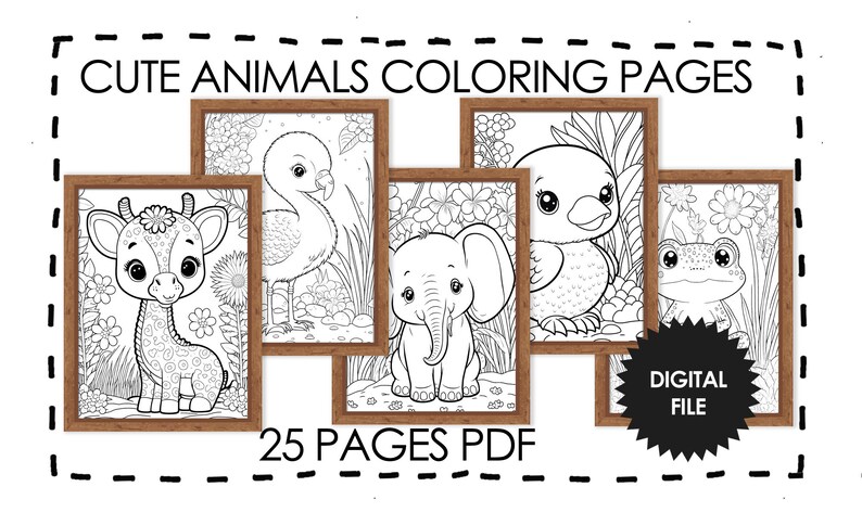 25 Cute Baby Animals Coloring Pages With Wooden Frame. Pages 16-20 preview.