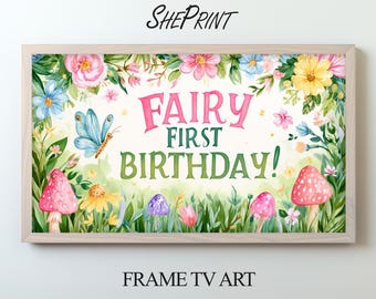 Illustrazione per il primo compleanno di una fata: sfondo per la TV con auguri di buon compleanno (download digitale 3840x2160px JPG)