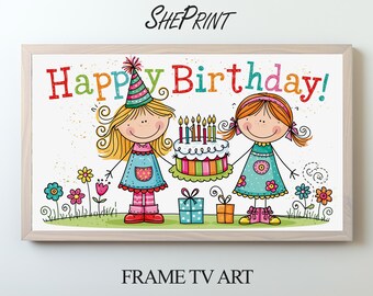 Disegno di ragazze per compleanno / Decorazione per la TV / Decorazione per compleanno per bambini / Download digitale immediato