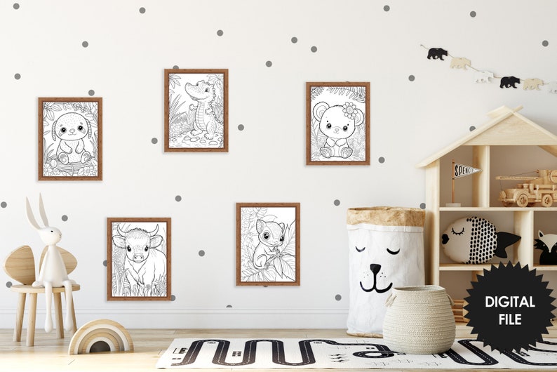 25 Cute Baby Animals Coloring Pages With Wooden Frame, Ready to Hang on Wall in kids room
