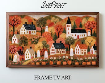 Folk Halloween Frame TV Art, Autumn Haunted Village Painting, Whimsical Primitive Fall Digital Artwork