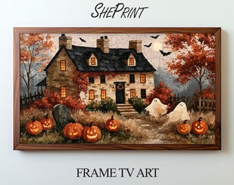 Halloween Haunted House TV Art, Cozy Autumn Home Decor | Digital Download