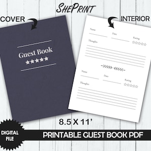 Libro de visitas imprimible de hotel o Airbnb, portada y página interior, nombre del huésped, fecha, estrellas y pensamientos de calificación, PDF de descarga instantánea, tamaño carta