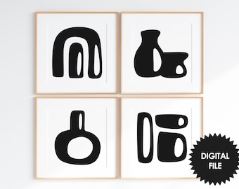 Boho Pottery Art Prints, Set of 4: Black & White Minimalist Decor (Digital Download)