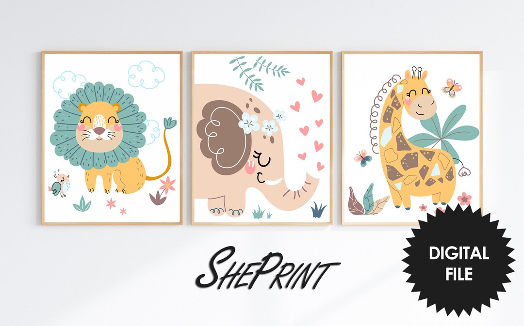 Printable Cute Safari Animals Art, Set of 3 Prints, Nursery Wall Art