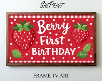 Decorazione TV per il primo compleanno a tema frutti di bosco / Sfondo per festa di compleanno con fragole rosse / Download digitale