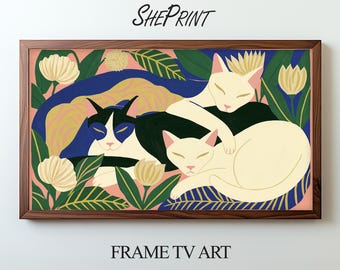 Sleeping Cats Frame TV Art | Modern Folk Cat Wall Art | Colorful Botanical Cat Painting | Digital Download for Samsung Frame TV