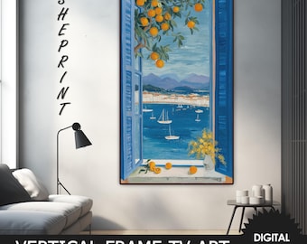 Vertical Frame TV Art, Mediterranean Window View, Sailboats, Summer, 2160x3840px JPEG Image, Instant Download