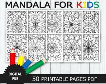 Mandala Coloring Pages for Kids, 50 Printable Designs, 2 Covers, Digital Download PDF