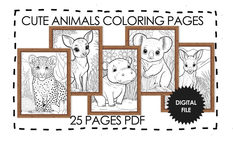25 Cute Baby Animals Coloring Pages With Wooden Frame. Pages 21-25 preview.