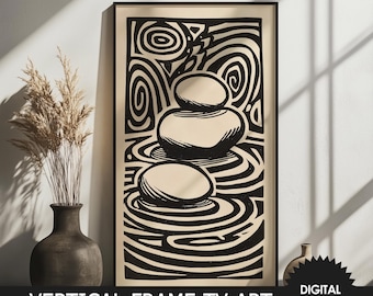 Zen Rocks Linocut TV Art, Vertical Mount, 2160x3840px JPEG, Instant Digital Download