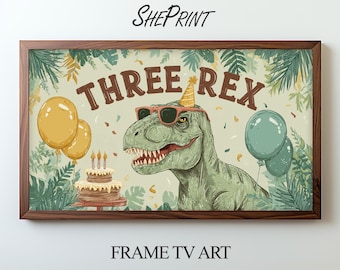 Three Rex Birthday Dinosaur Art | Kids Party Frame TV Digital Download