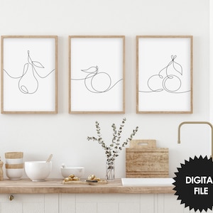 Line Drawing Fruit Prints: Kitchen Wall Art, Set of 3 (Digital Download)