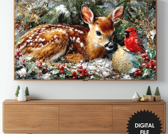 May include: A framed digital art print depicting a fawn with white spots, surrounded by greenery, red berries, and snow. A red cardinal sits on a decorative globe. The text "SHEPRINT" is at the top.