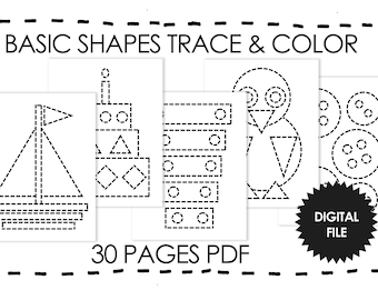Puede incluir: Páginas para trazar imprimibles en blanco y negro para niños con formas básicas. Las páginas incluyen un velero, una pila de bloques, un pingüino y un conjunto de botones. El texto "BASIC SHAPES TRACE & COLOR" y "30 PAGES PDF" están incluidos en la imagen.  ARCHIVO DIGITAL.