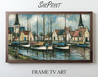 Bilderrahmen mit Küstenmarina-Motiv für Fernseher | 3840 x 2160 px JPEG-Download