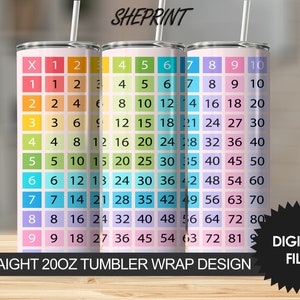 May include: Three 20oz straight tumblers with a colorful multiplication table design. Each tumbler features a different color scheme for the numbers and equations. The design includes the text "STRAIGHT 20OZ TUMBLER WRAP DESIGN" and "DIGITAL FILE".