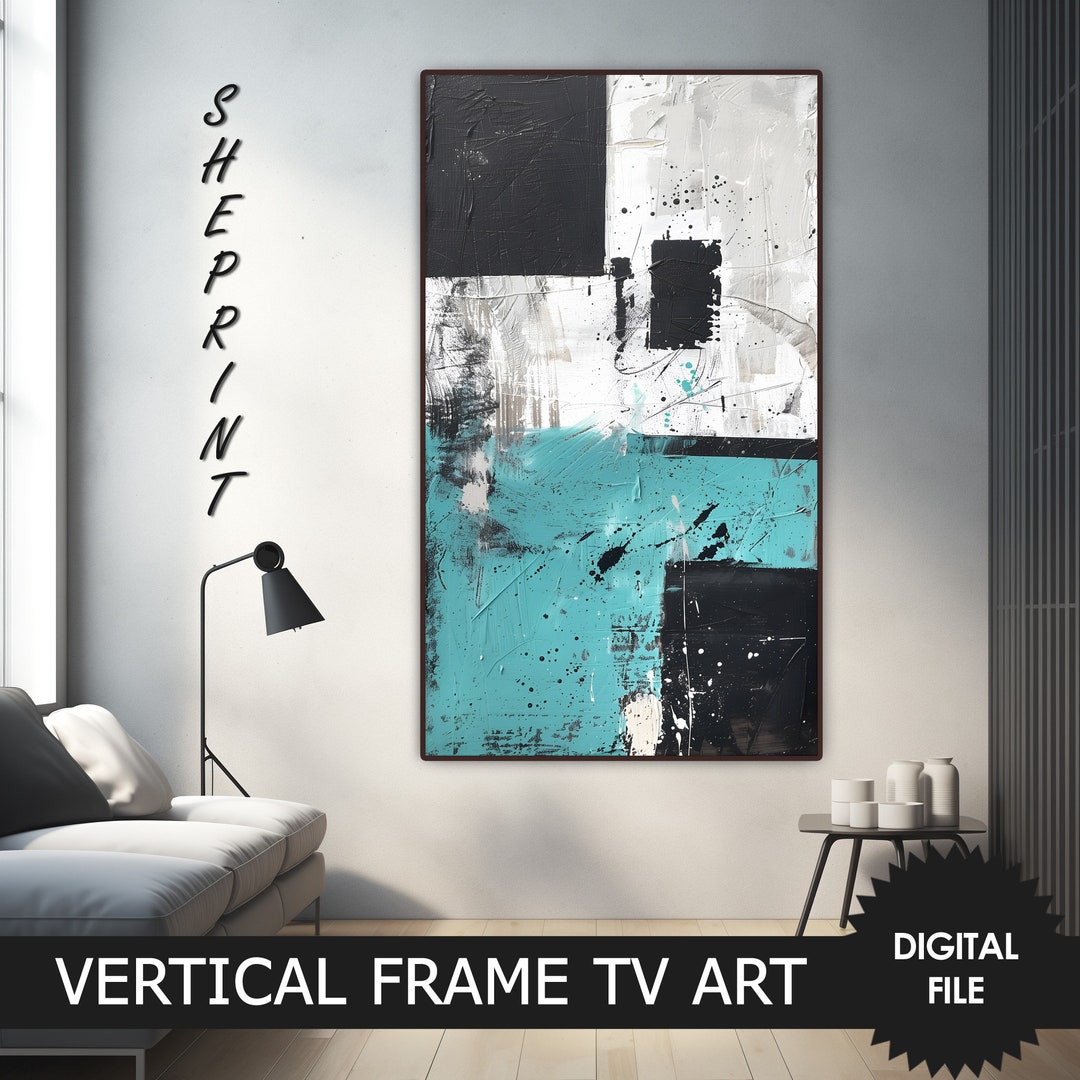 Frame TV Art Vertical & Horizontal, Turquoise, Black, White Geometric ...