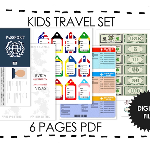 Kids Travel Set 6 Printable Pages, Kids Passport, Travel Tags, Stamps, Boarding Pass and Kids Money, Instant Download 1 PDF, Not Editable