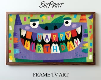 Funny Monster Birthday TV Art For Kids | Happy Birthday Banner | Instant Download
