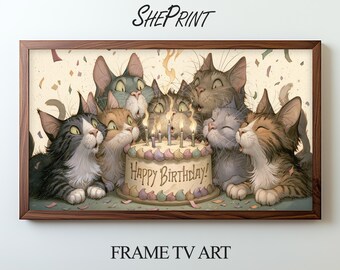Sfondo TV per compleanno a tema gatti, grafica divertente per feste a tema gatti, download digitale