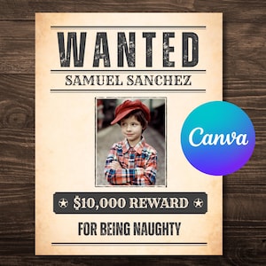 Afiche de búsqueda editable para usuarios de Canva, nombre, foto y delito personalizados, PDF imprimible que se adapta a tamaño carta/A4