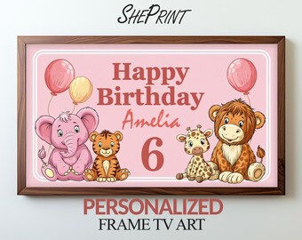 Personalisierter Bilderrahmen mit TV-Motiv zum Geburtstag | Rosa Tiere, Name, Alter (Digitaler Download innerhalb von 24 Stunden)