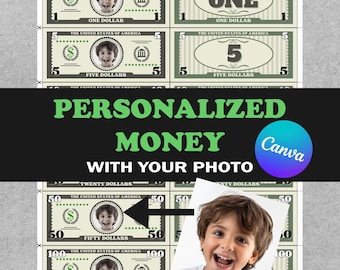 Puede incluir: Una hoja imprimible de dinero de juego personalizado con la foto de un niño en el centro de cada billete. Los billetes están diseñados para parecerse a la moneda estadounidense con denominaciones de $1, $5, $20, $50 y $100.