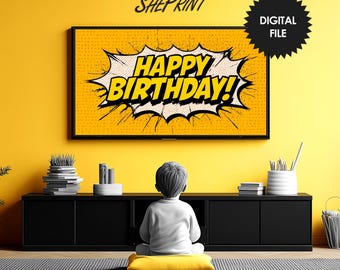 Birthday TV Art For Boys | Yellow Black | Comic Style | Instant Digital Download